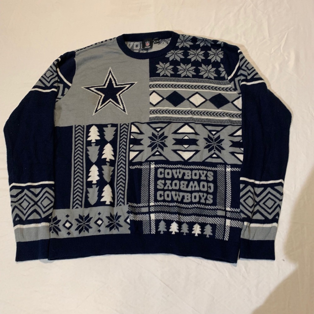 NFL Team Apparel Dallas Cowboys Mens XL/2XL Blue Grey Patchwork Holiday Sweater